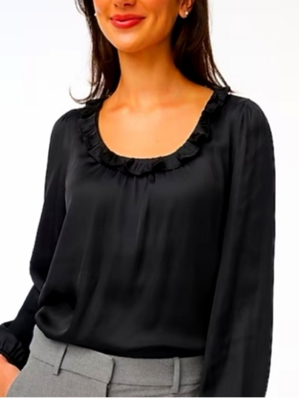 J. Crew Factory black ruffle scoop neck satin blouse. NWT. Size small.